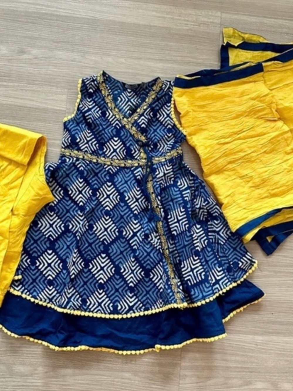 Girls Navy Blue & Yellow Patterned Party Dress
